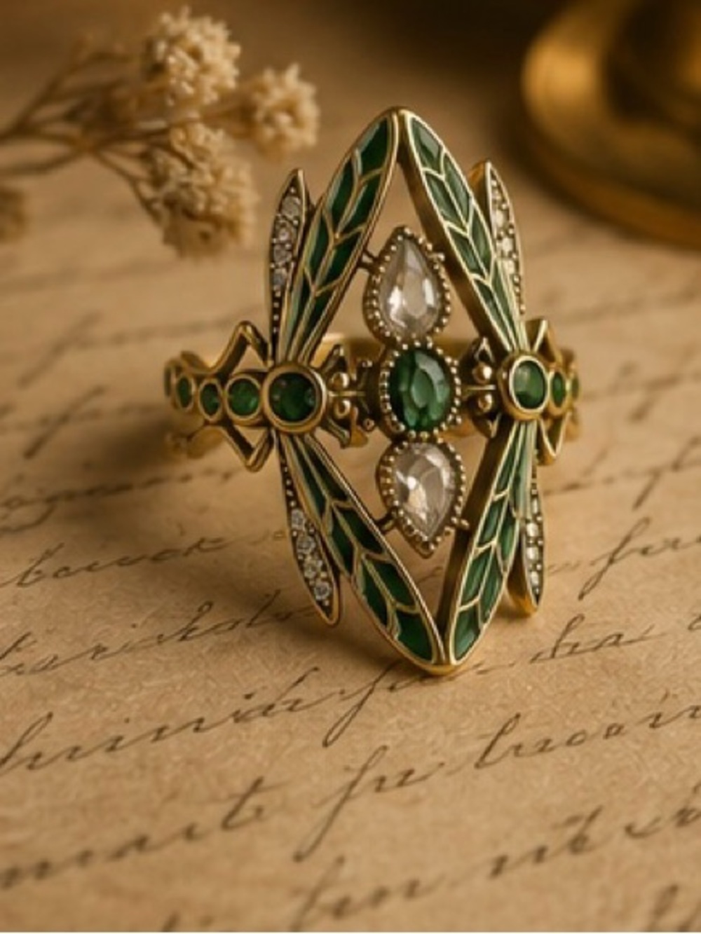 Vintage Emerald Dragonfly Art Nouveau Ring - Picture 3 of 5